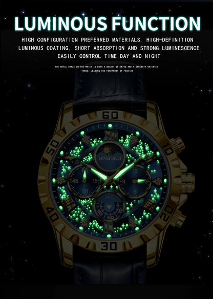 BINBOND Genuine accurate quartz wristwatches for men luxury luminous waterproof chronograph leather strap men's watch reloj