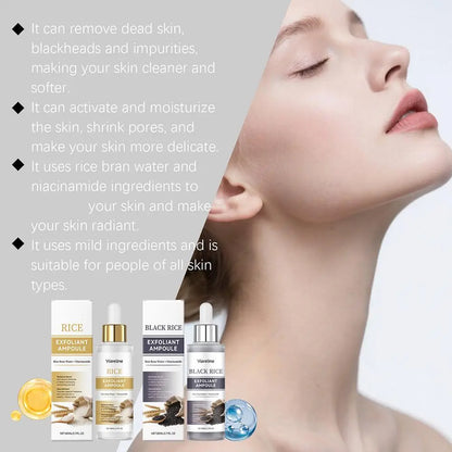Black & White Rice Exfoliant Ampoule, White & Black Rice Exfoliating Essence Serum with Hyaluronic Acid, Deep Hydration Skincare