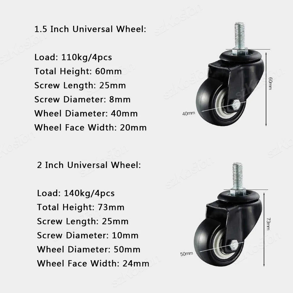 4pcs/kit Furniture Casters 1.5/2Inch M8/M10 Thread Stem Swivel Wheels Without/with Brakes Heavy Duty Coffee Table Chair Bin Cart