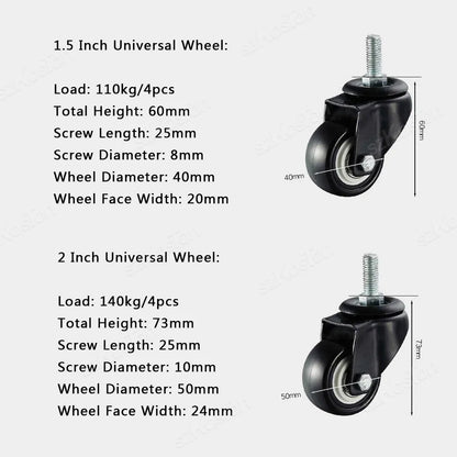 4pcs/kit Furniture Casters 1.5/2Inch M8/M10 Thread Stem Swivel Wheels Without/with Brakes Heavy Duty Coffee Table Chair Bin Cart