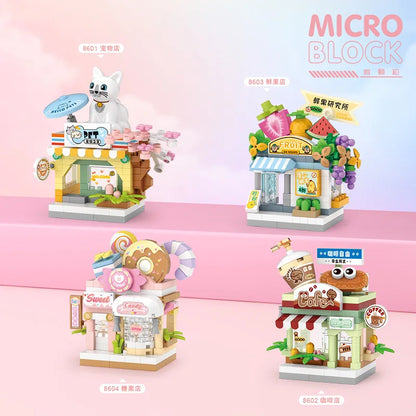 NEW Panda Pet Coffee Ice Cream Flower Shop Store Street View Food House Building Blocks Kit Girls Bricks Model Kids Toy Children
