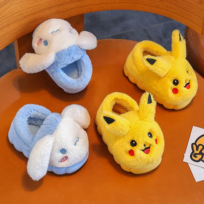 Pokemon Anime Pikachu Autumn/Winter Children'S Cute Flat Plush Slippers Soft Sole Non-Slip Warm Indoor Home Cotton Shoes Gifts