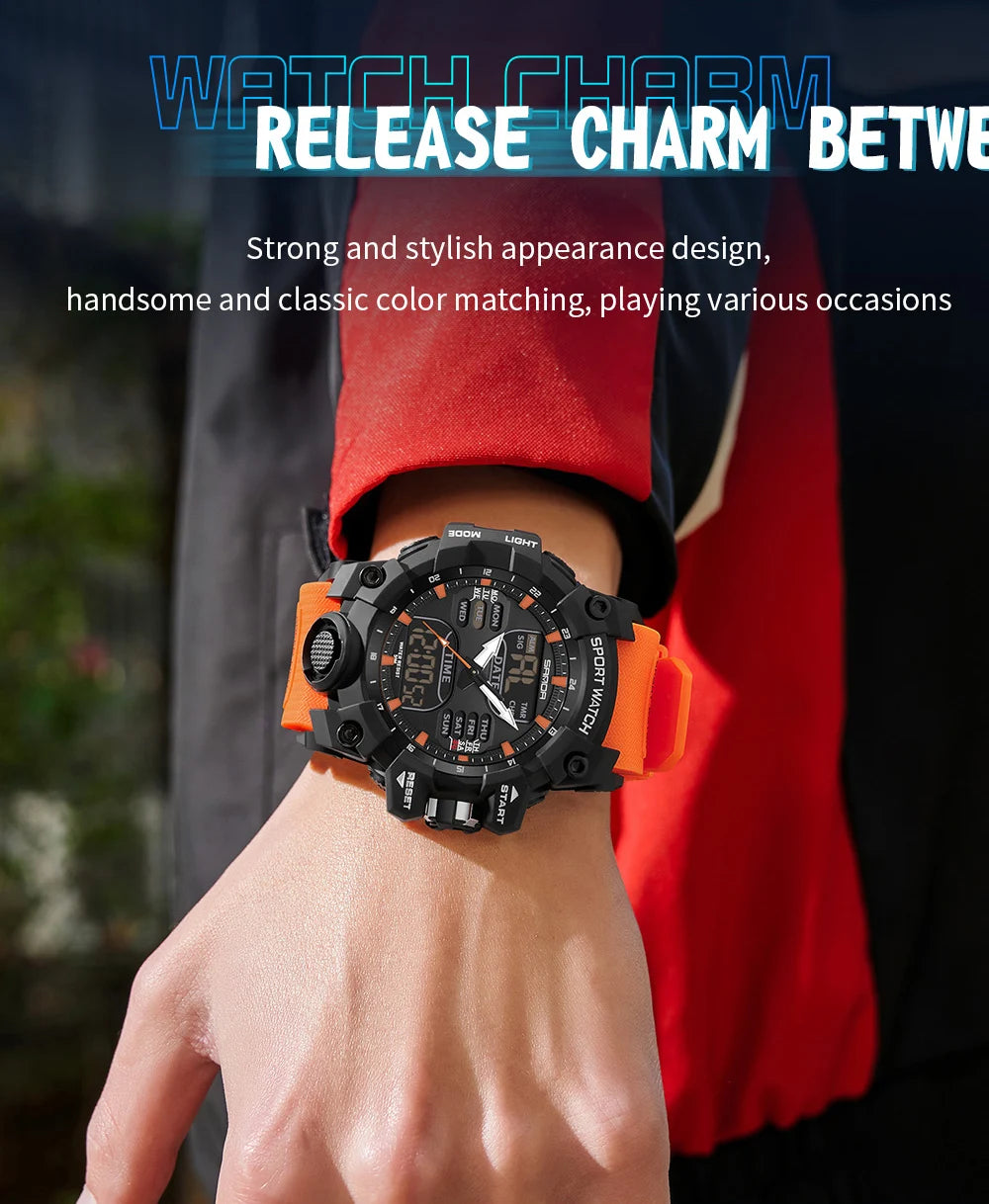 SANDA Outdoor Sports Military Mens Watch LED Digital Electron Quartz Male Wristwatch Dual Display Clock Men Relogio Masculino