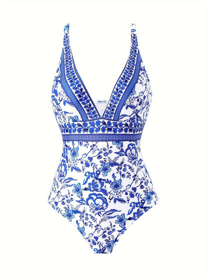 Blue One-Shoulder Ruffled Print Floral Swimsuit Set Cover Up Single Piece Micro Monokini Sexy Swimwear For Girls Summer Beach