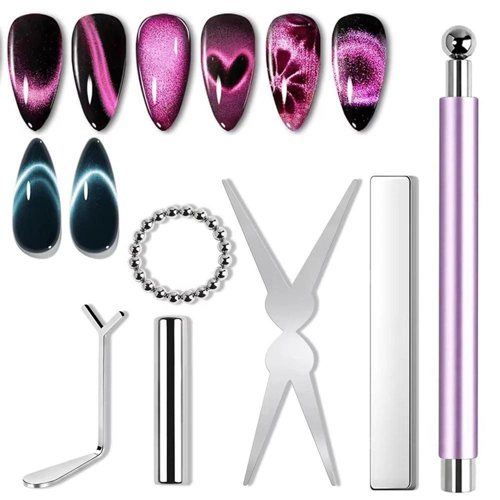 1/6Pcs Cat Eye Nail Magnet Tool Set Double Ended Magnet Stick Round Ball Flat Magnets Cat Eye Heart French Water Ripple Nail Art