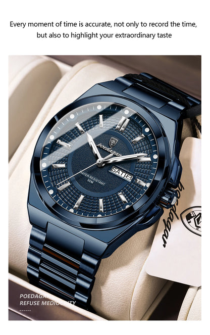 POEDAGAR Top Business Men Wristwatch Stainless Steel Waterproof Luminous Casual Man Watch Date Week Stylish Men's Quartz Watches