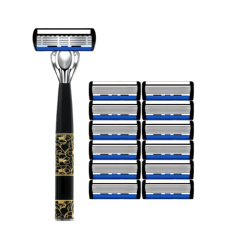 Razor Classic 6 Layer Safety Razor For Men Shaving Hair Removal Shaving Blades Manual Shaver Green 1 Handle With 3 Blades Razors