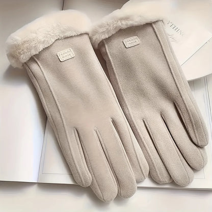 Comfortable beige touchscreen gloves with plush lining - providing thick and warm winter protection for outdoor leisure