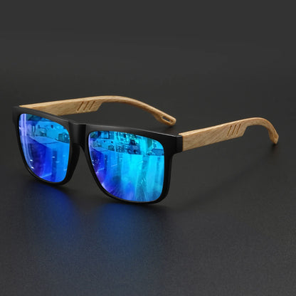 New Fashion Square Sunglasses - Wood Grain Spring Hinge, UV400 Unisex for Driving, Hiking & Travel