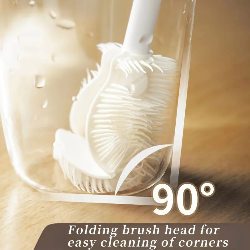 Foldable 360 degree comprehensive cleaning silicone brush with long handle design, reusable for bottles and cups