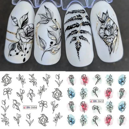 12 Pcs Summer Ink Blooming Flowers Nail Art Stickers, Water Decal Leaves Graffiti Slider Nail Decoration