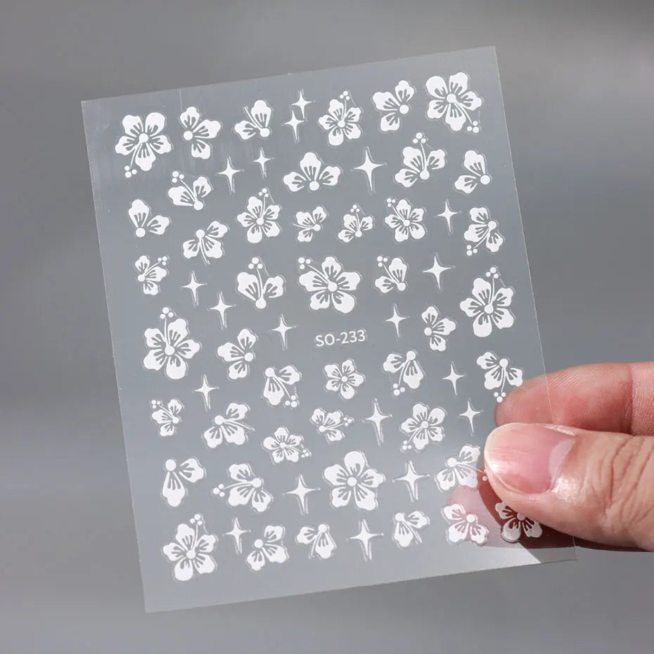 4pcs Hibiscus Flower Nail Art Sticker 3D White Pink Floral Decal Y2K Gold Silver Petal DIY Romantic Self-Adhesive Manicure Decor