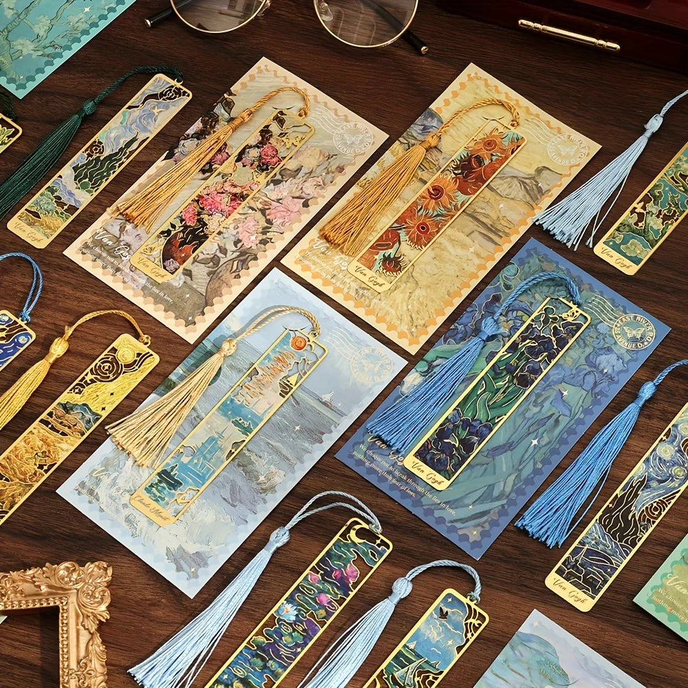 Vintage Oil Painting Metal Bookmarks - Hollow Hot Stamping Long Tassel Bookmarks - Stationery Gifts for Book Clubs, Book Lovers,