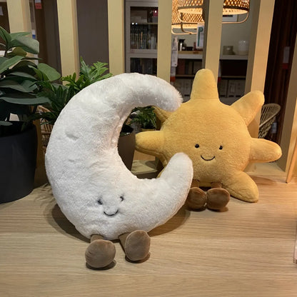 Deer INS Moon And Sun Plush Doll Stuffed Cartoon Cuddly Kawaii Sky Pillow with Legs Sitting Decor Pillow For Bedroom Sofa Chair