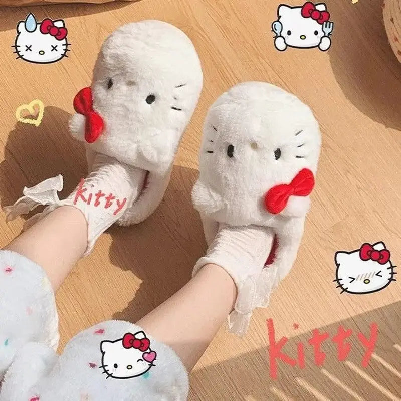Kawaii Hellokitty Anime Warm Cotton Slippers Autumn Winter Thick Anti Slip Cartoon Plush House Slippers For Girls Surprise Gifts
