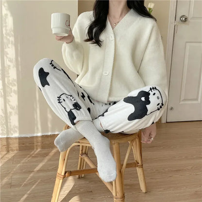 Christmas Sanrio Hello Kitty Pajamas Halloween Flannel Fashion Trouserswomen Kawaii Woolen Anime Cartoon Casual Home Pant Autumn
