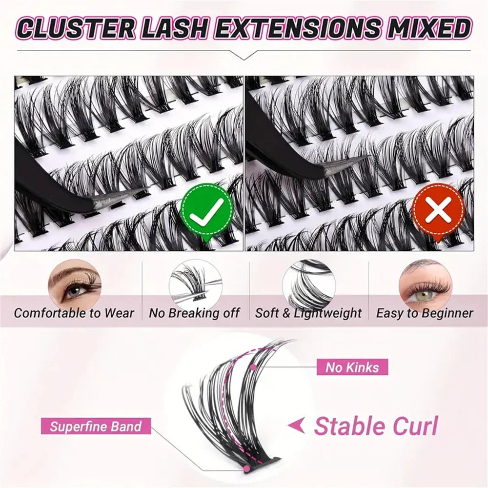Natural Cluster 200pcs Lashes Set - C-Curl, Mixed Lengths 10-16mm for Effortless Volume