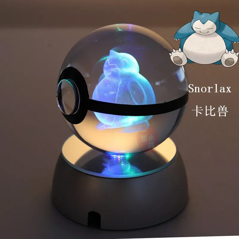 Anime Pokemon 3D Crystal Ball Snorlax Figure Pokeball Engraving Crystal Charizard Model with LED Light Base Kids Gift ANIME GIFT