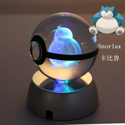 Anime Pokemon 3D Crystal Ball Snorlax Figure Pokeball Engraving Crystal Charizard Model with LED Light Base Kids Gift ANIME GIFT