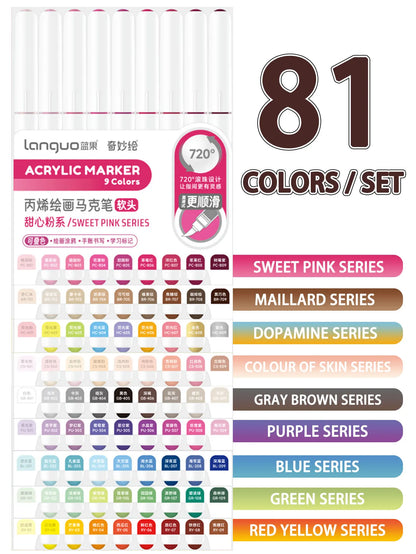 Languo 9pcs/box Soft Brush Acrylic Marker Pen Set，DIY Hand Drawn,Paint Art Markers pens,Student Graffiti Acrylic Paint Pens,M720