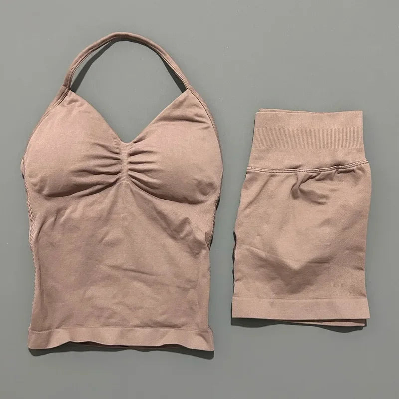 Yoga 2 Pieces Gym Set Women Backless Halter Tops High Waist Seamless Shorts Gym Suit Fitness Sports Bras Sportswear Workout Sets