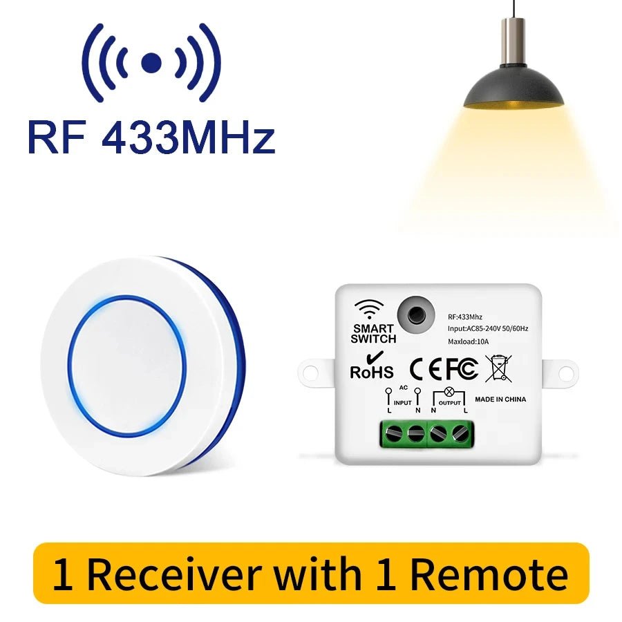 RF 433MHz Wireless Light Switch 220V 110V 10A Relay Controlle Mini Round Button Wall Panel Switch Remote Control For LED Lamp