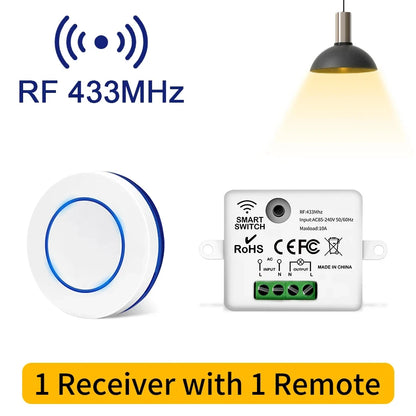 RF 433MHz Wireless Light Switch 220V 110V 10A Relay Controlle Mini Round Button Wall Panel Switch Remote Control For LED Lamp