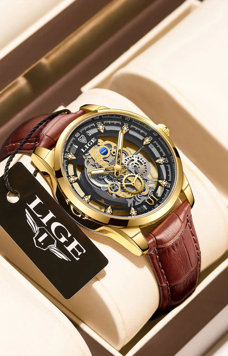Original LIGE Men Watch Gold Stainless Steel Hollow Skeleton Quartz Watches for Men Fashion Military Waterproof Men Wristwatch