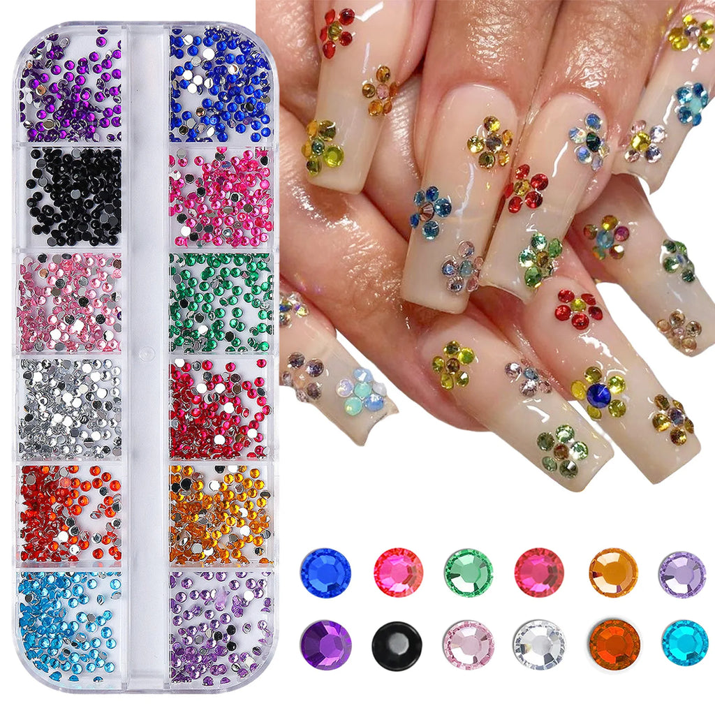 12 Grid Shimmering Crystal Nail Art Rhinestones - Flatback Gemstones for Versatile Decoration - Adorns Nails Shoes Makeup Bags