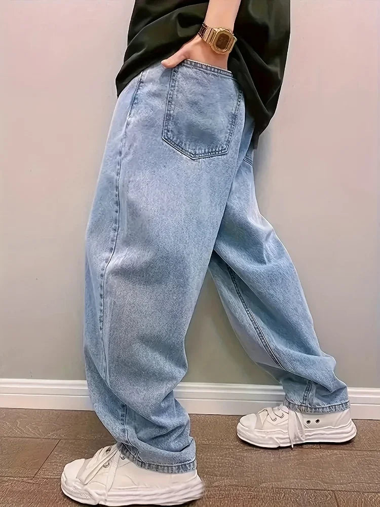 Men's Light-Blue Baggy Wide-Leg Jeans