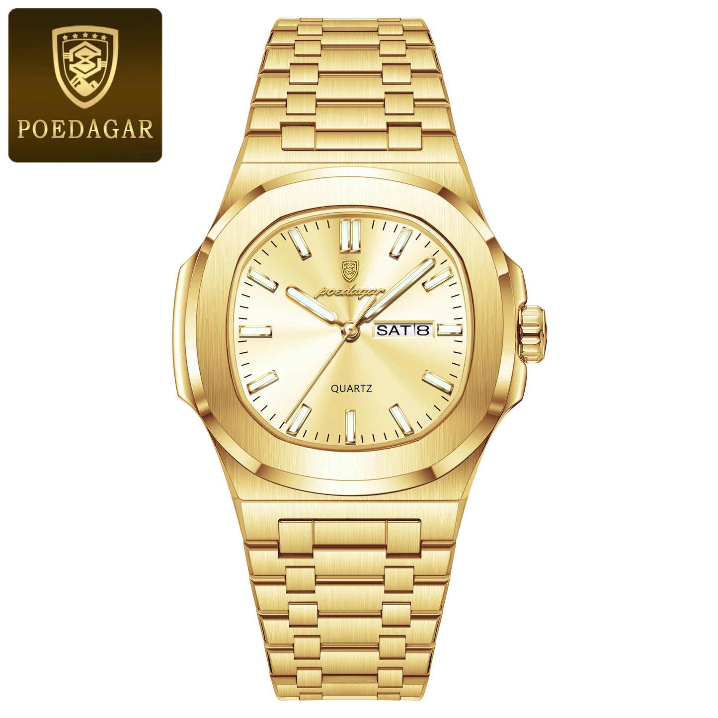 POEDAGAR Luxury Square Men's Watches Waterproof Luminous Date Week Men Watch Stainless Steel Fashion Quartz Man Wristwatch Reloj