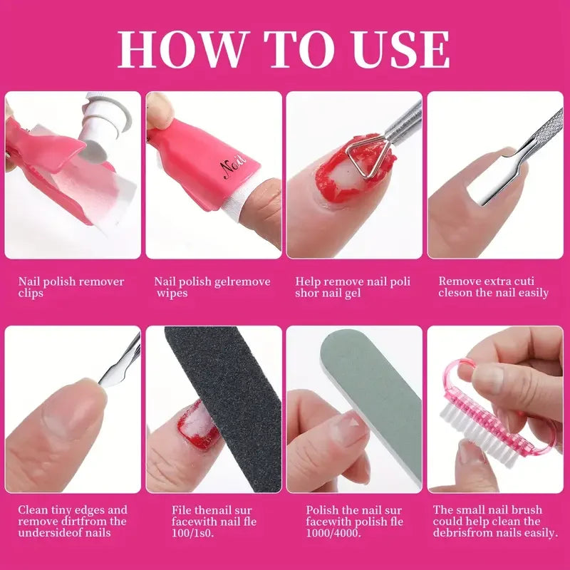 10/16Pcs Nail Soak Off Clip Cap UV Gel Polish Remover Wrap Tool Set With Cotton Pads File Pusher Brush Manicure Removal Kit
