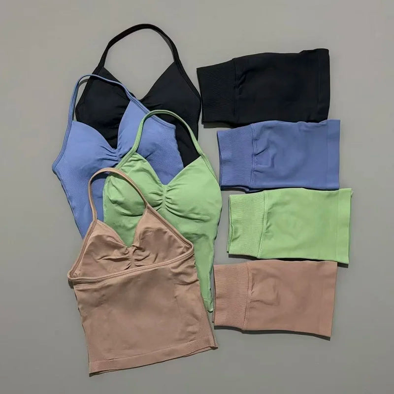 Yoga 2 Pieces Gym Set Women Backless Halter Tops High Waist Seamless Shorts Gym Suit Fitness Sports Bras Sportswear Workout Sets