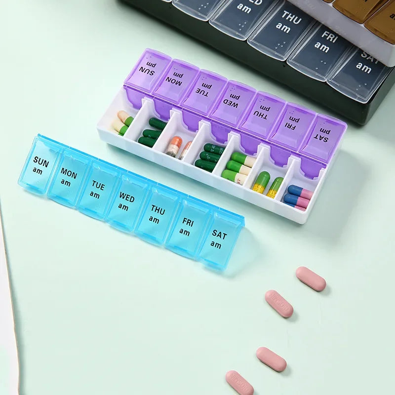 Pill Box Case 7 Day Weekly Medicine Storage Box Double Row 14grid Tablte Dispenser Organizer Open Lid First-Aid Kit Container
