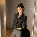 Vintage Plaid Cropped Blazers Women England Elegant Office Lady Slim Fit Suit Jacket Autumn Long Sleeve Button Asymmetry Coats