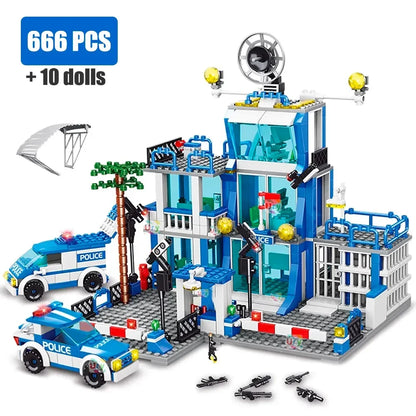 City police station building block group boy DIY car brick police station model building children's educational toy gift