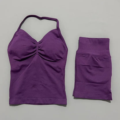 Yoga 2 Pieces Gym Set Women Backless Halter Tops High Waist Seamless Shorts Gym Suit Fitness Sports Bras Sportswear Workout Sets
