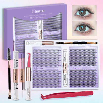 ISEEN DIY Eyelash Extension Kit Cluster Mix Eyelashes Full Set Lashes Kit with Lash Bond & Seal and Eyelash Tweezers and Brush