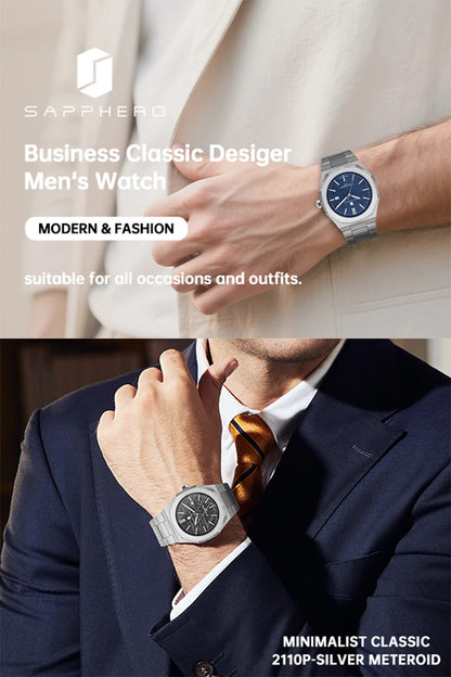 SAPPHERO Luxury Business Men's Watch Stainless Steel Waterproof Watch For Men Glowing Hand Date Function Tough Men Gift Watch