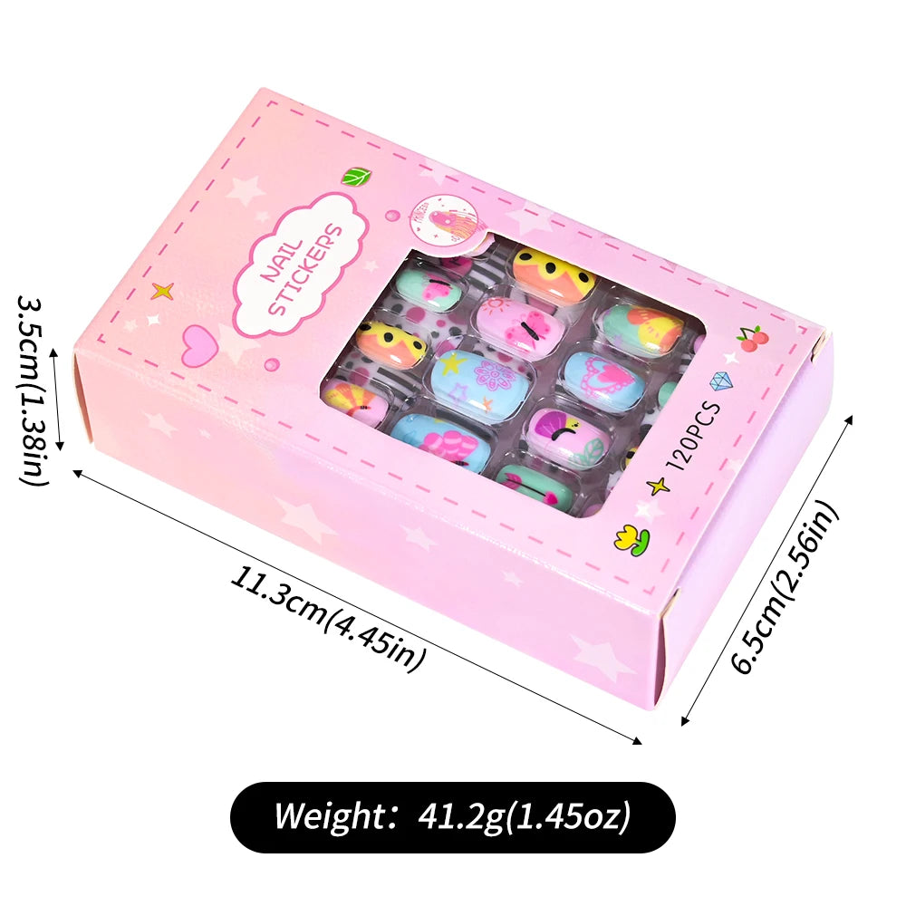 120Pcs/Box Cartoon Gril Princess Children Press On Nails 6-14Years Kawaii Cat/Flowers/Rainbow Nail Tips With Jelly Gel Girl Gift