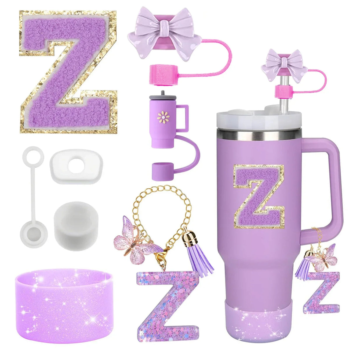 8PCS Accessories Set for Stanley Cup Purple 30oz 40oz tumbler Silicone Straw Topper Cover Cap Boot Handle Charm Initials Sticker