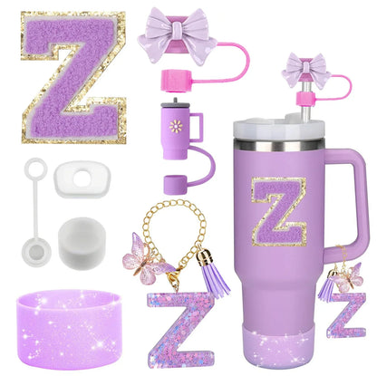 8PCS Accessories Set for Stanley Cup Purple 30oz 40oz tumbler Silicone Straw Topper Cover Cap Boot Handle Charm Initials Sticker