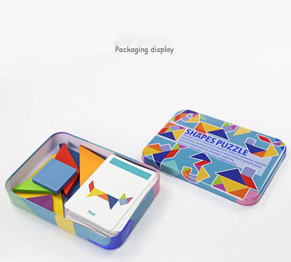 Children's Wooden Colorful Tangram Iron Box Storage Jigsaw Puzzle Puzzle Early Education Intelligence Number Letter Wooden Toys
