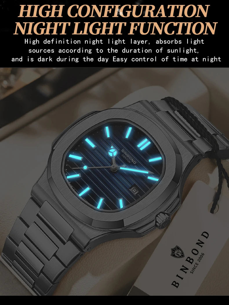 BINBOND sturdy stainless steel strap quartz wristwatches for men luxury luminous waterproof auto date accurate men's watch reloj