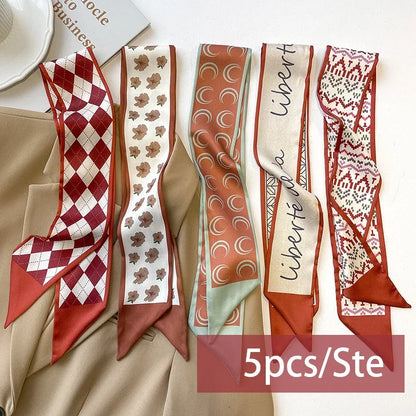 5pcs/set Series Silk Satin Scarf Women Cloth Hair Bands Headdress Accessories Lady Scarves Ribbon Neck Ties for Bag Handle
