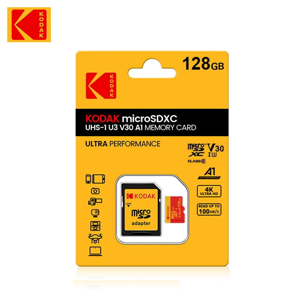 KODAK Micro SD Card U3 V30 128GB 256GB 64GB 4K High Speed TF Card for Phone Camera Drone