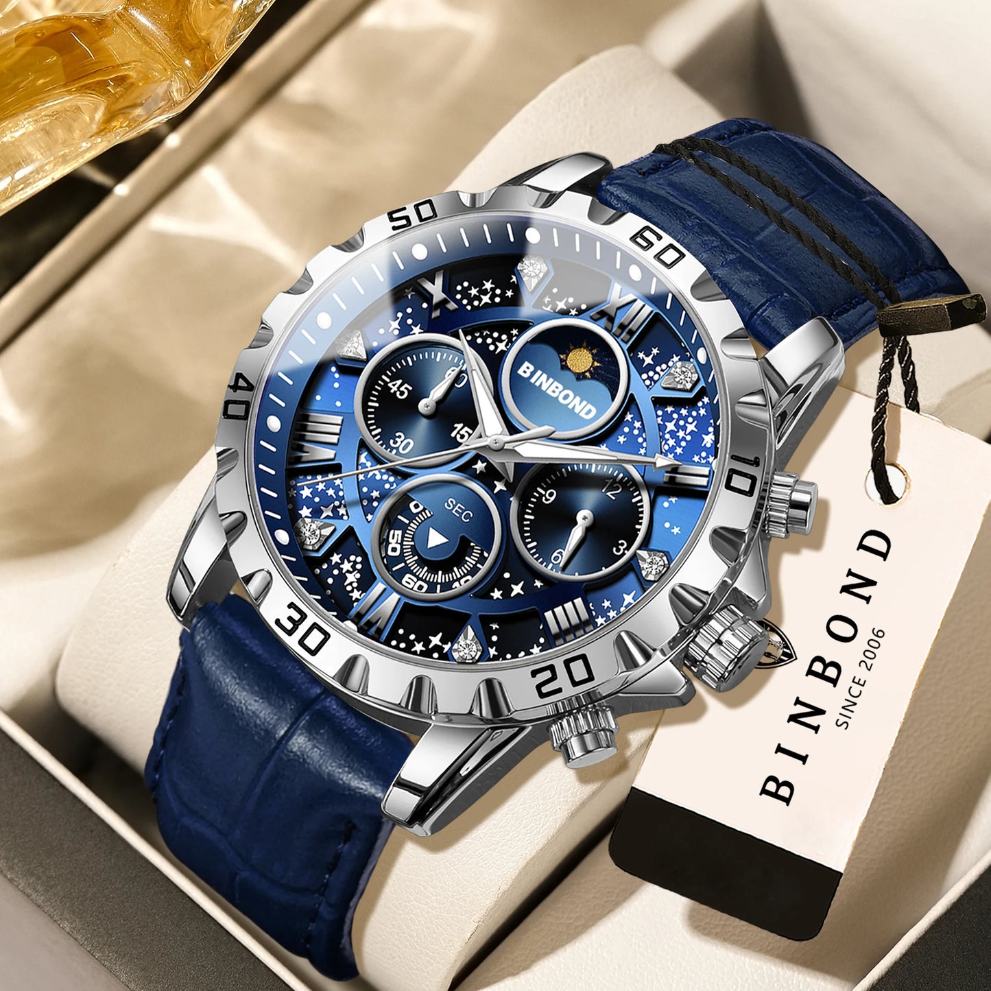 BINBOND Genuine accurate quartz wristwatches for men luxury luminous waterproof chronograph leather strap men's watch reloj