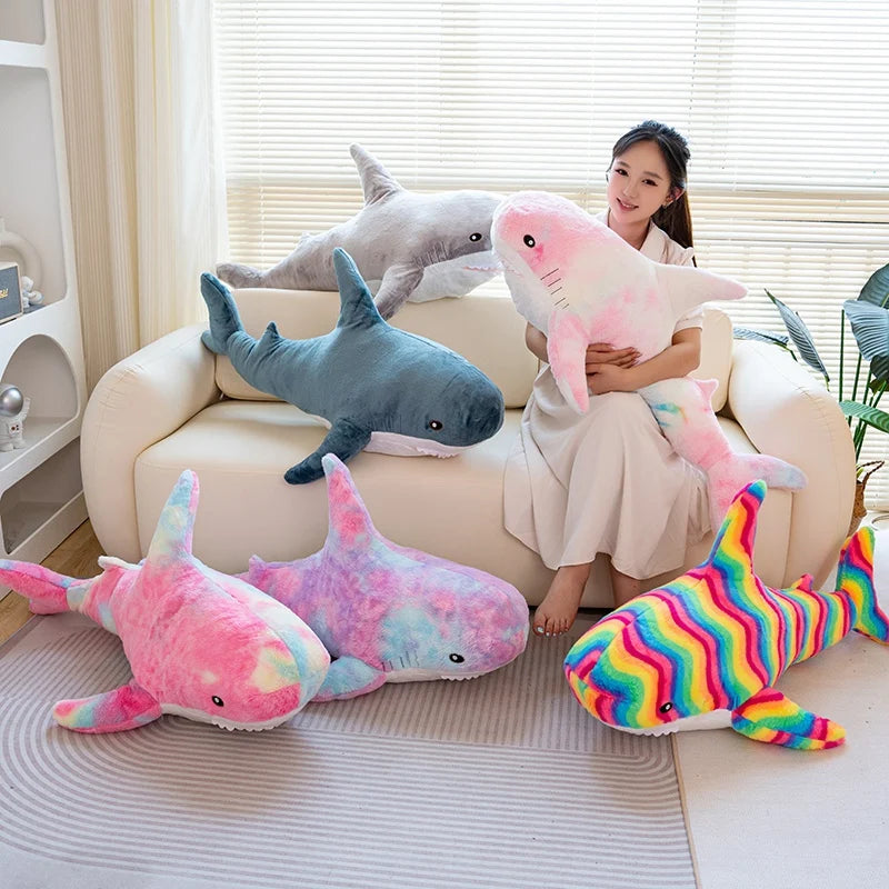 100cm Cartoon Hot Sell Soft Rainbow Shark Plush Doll Pillow Sea Creatures Colorful Shark Plush Toy Warm Hug For Boys Girls Gifts