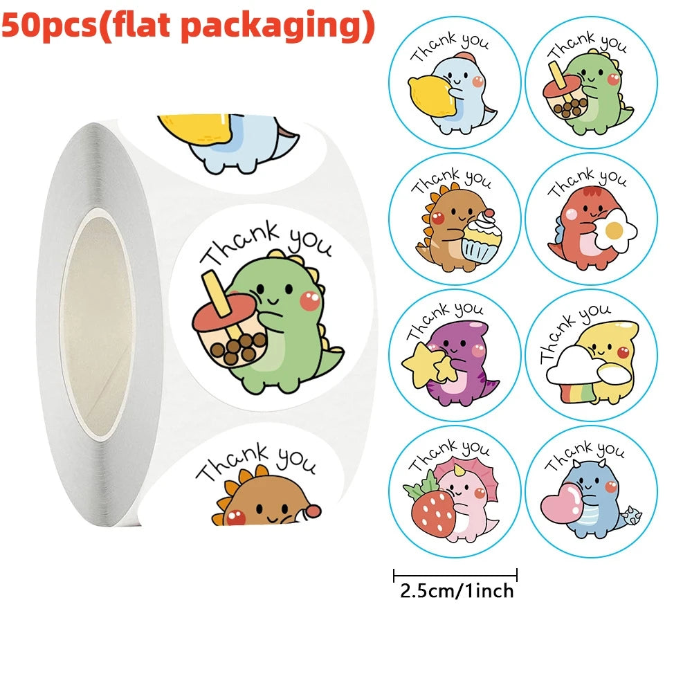 50/100/500pcs 1 Inch Thank You Stickers Cartoon Dinosaur Labels for Packaging Baking Labels Gifts Seal Decor Children's Stickers