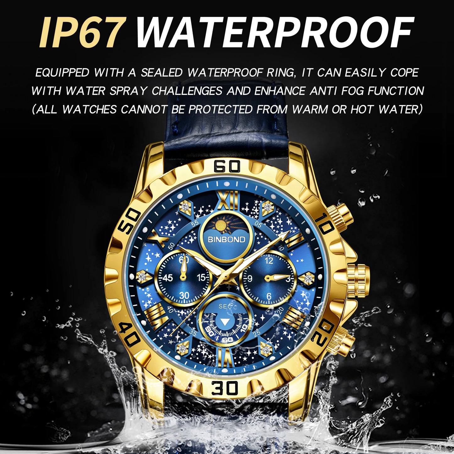 BINBOND Genuine accurate quartz wristwatches for men luxury luminous waterproof chronograph leather strap men's watch reloj